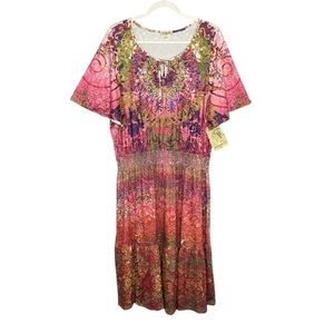 One World Plus Printed Jersey Knit Flutter Sleeve Midi Dress NWT Rust